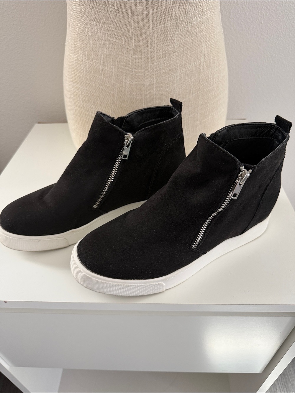 Soda Black Suede-Look Wedge Sneakers with White Sole and Side Zipper